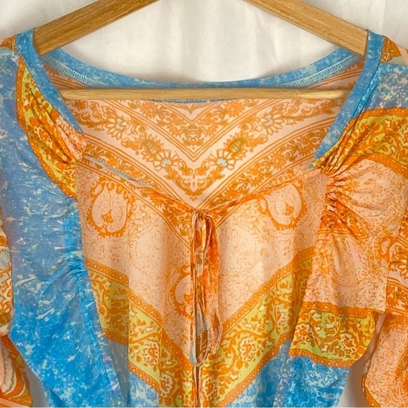 Free People Women's Paisley Boho Long Sleeve Mesh Cropped Open Back Top Size XS - Picture 9 of 16